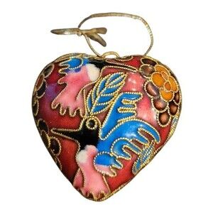 JT1  Vintage Cloisonne Heart Red Enamel Ornament Hummingbird and Flowers